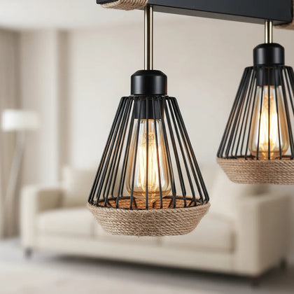 Lampara Colgante Cáñamo Porta Ampolleta E27*4 Negro/marrón Negro/marrón