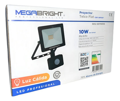 Megabringht Foco Led Proyector Telco Flat Con Sensor 10w Carcasa Negro Luz Cálido