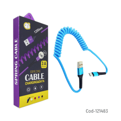 Cable USB A Type-C, Espiral, 3 Amper, Datos Y Carga, 1.2 Metros. Colores.