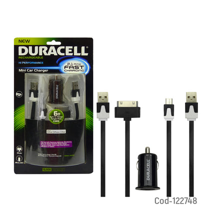 Cargador Duracell Con Cable USB Micro Y Cable Iphone 30 Pin, Para Auto 12V