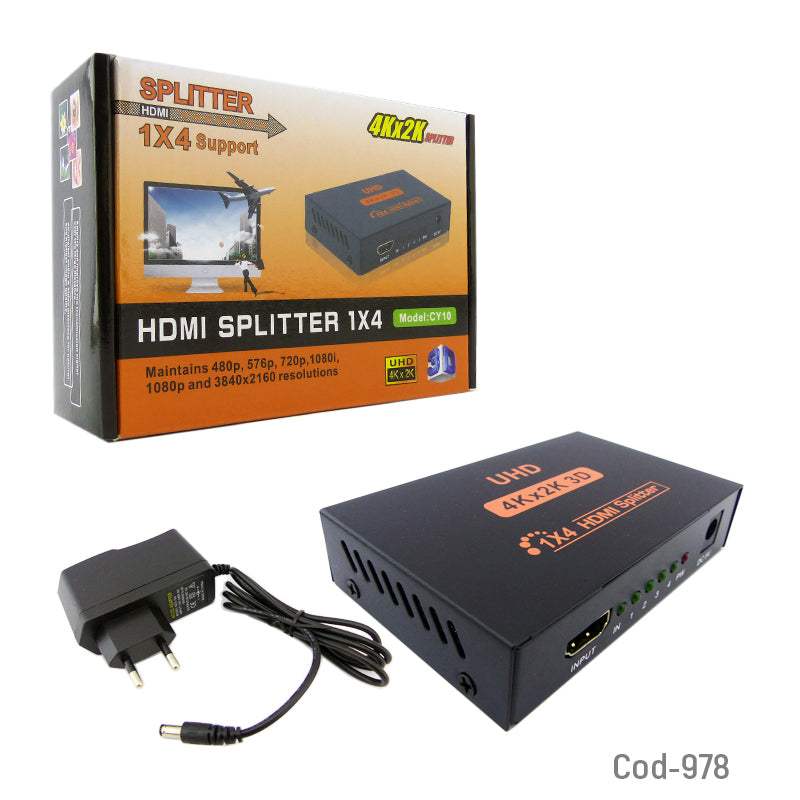 Spliter HDMI 4K Ultra HD, 4 Salidas, En Caja, Con Transformador
